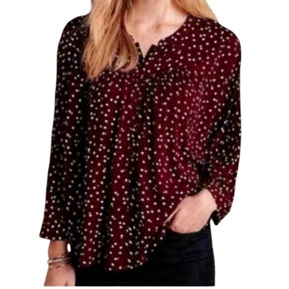 Anthropologie Maeve Maroon Red & White Polka Dot Dolman‎ Sleeve Yoke Top- Small